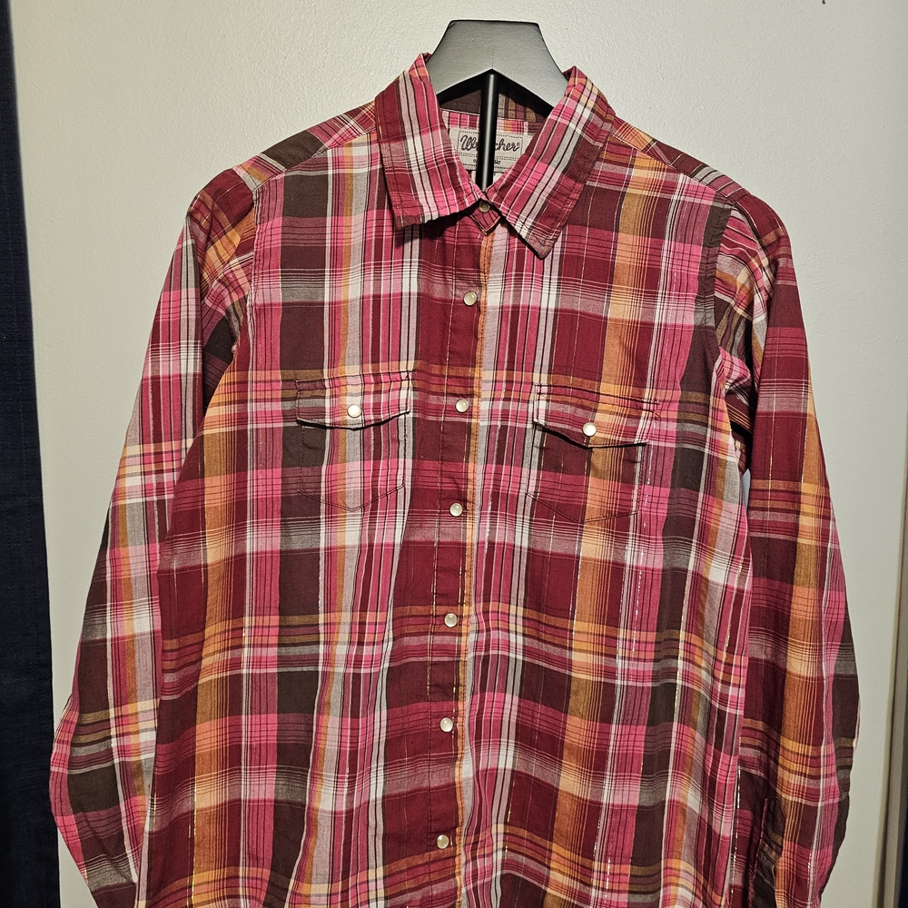 Wrancher by Wrangler Pearl Snap Shirt Women’s Large Plaid Metallic Threading